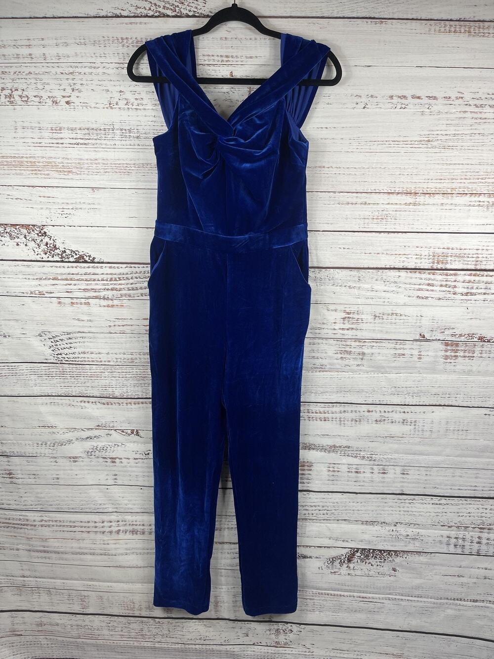 Adelyn Rae Jumpsuit Women's Size Medium Blue Velvet Draped Bodice Pockets Formal